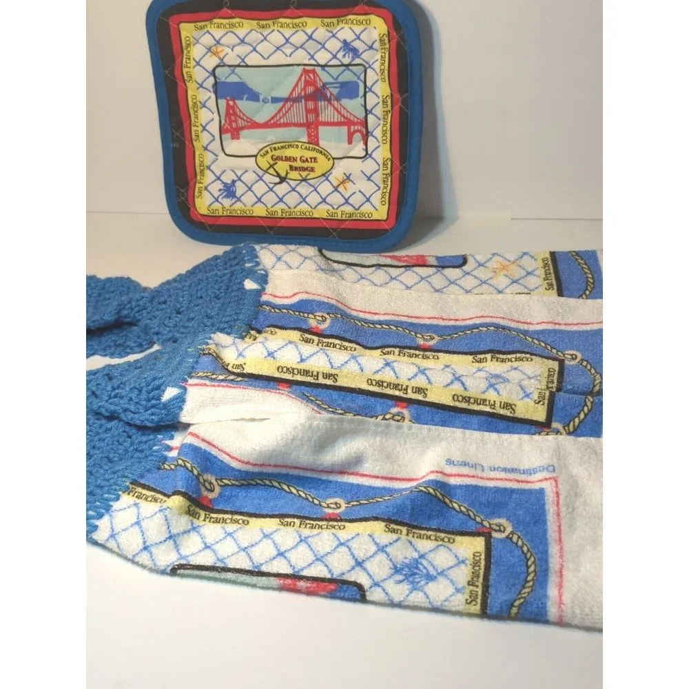 Hand‎ crocheted TOWELs with matching POT HOLDER SET NEW San Francisco bridge